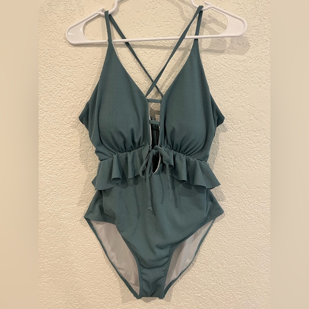 SHEIN Strappy Sage Green Ruffle One-Piece Swimsuit